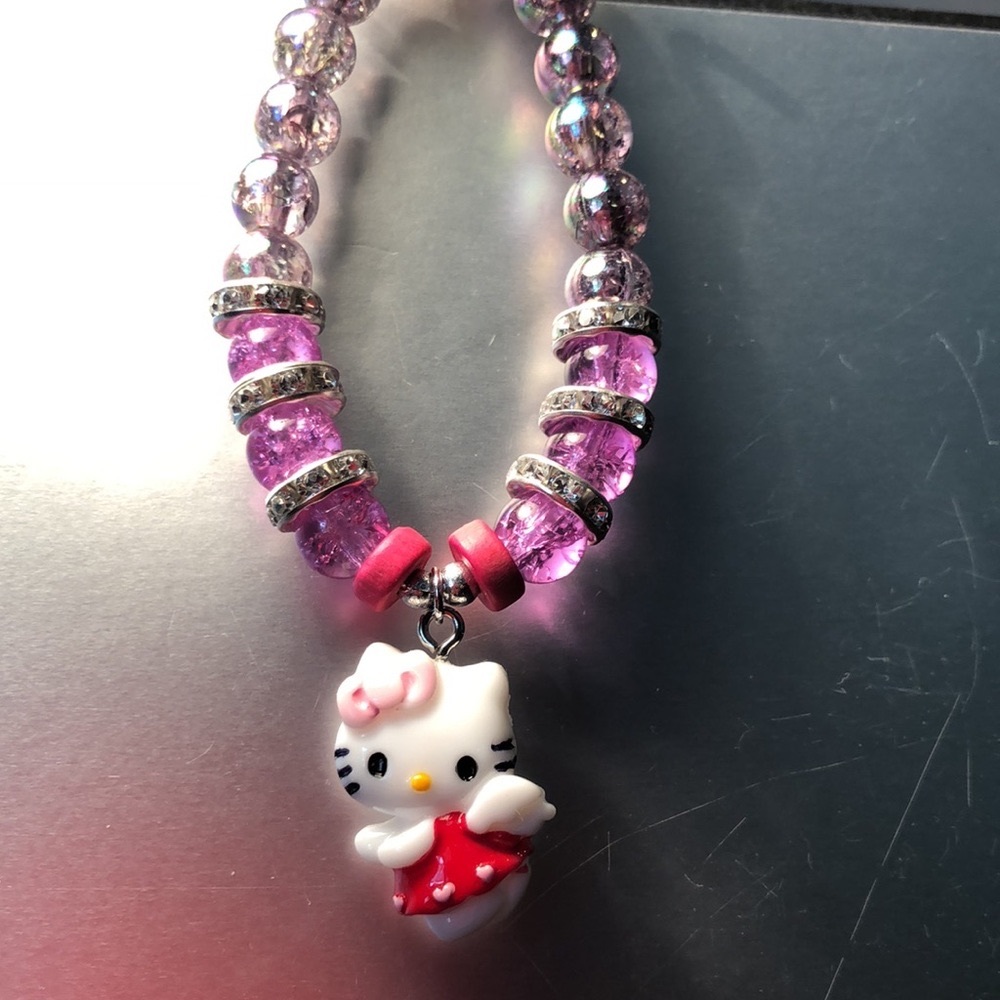 HAND CRAFTED jewelry purple pink clear glass beaded bracelet hello kitty charm - Picture 6 of 10
